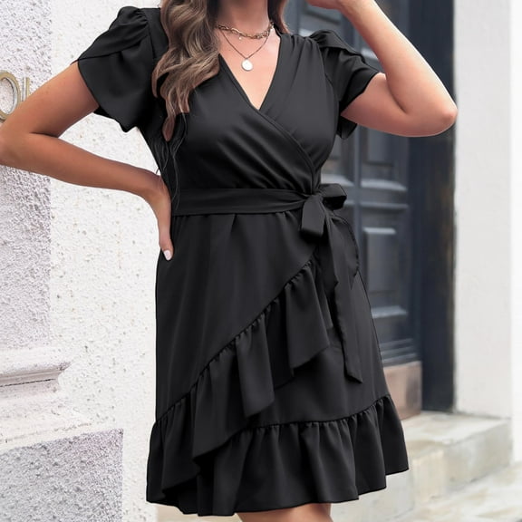 Summer Saving Wycnly Womens Dresses Beach Party Fashion Petal Sleeve Ruffle Wrap Hem Short Sundress with Belt Summer Solid V-Neck Short Sleeve Formal Mini Dress Black m
