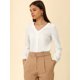 thumbnail image 2 of Allegra K Blusa de manga larga con cuello en V y ribete de encaje informal para mujer blanco XL, 2 of 6