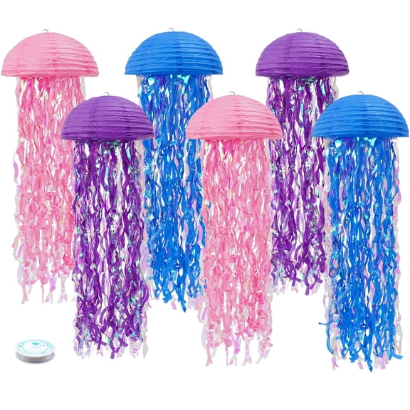 Jelly Fish Paper Lanterns, Lavender Green Pink Hanging Lantern for Mermaid Theme Under The Sea Ocean Birthday Party Decorations Set of 6
