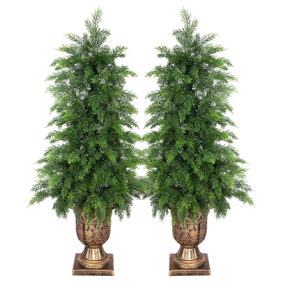 RosyHaven 3ft Real Touch Faux Cedar Tree with Decorative Urn Planter , 36"UV Resistant Artificial Topiary Trees Outdoor for Front Door Porch Yard Room Fireplace Holiday Decor, 2Pack