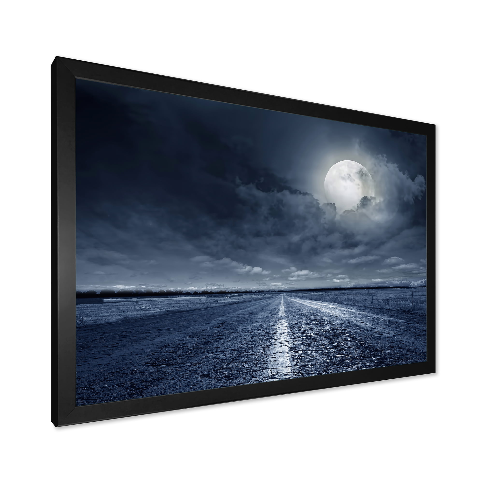 Designart 'Cloudy Full Moon Over Asphalt Road I' Nautical & Coastal Framed Art Print