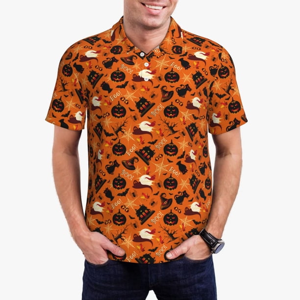 Fotbe Retro Halloween Camiseta Polo de Golf para Hombre con Estampado – Camisa Deportiva Transpirable con Cuello Abotonado-Medium