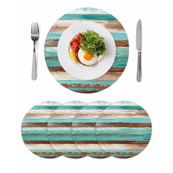Turquoise Brown Round 15 Inch Placemats Set of 4, Watercolor Modern Abstract Striped HeatResistant Non Slip Place Mats for Dining Table, Wipeable Braided Kitchen Table Mats for Housewarming