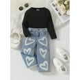 thumbnail image 5 of Suealasg 2pcs Little Girl Long Pants Set Solid Color Long Sleeve Crew Neck Pullover Heart Pattern Denim Trousers 1T 2T 3T 4T 5T  Kids Casual Summer Outfits, 5 of 8