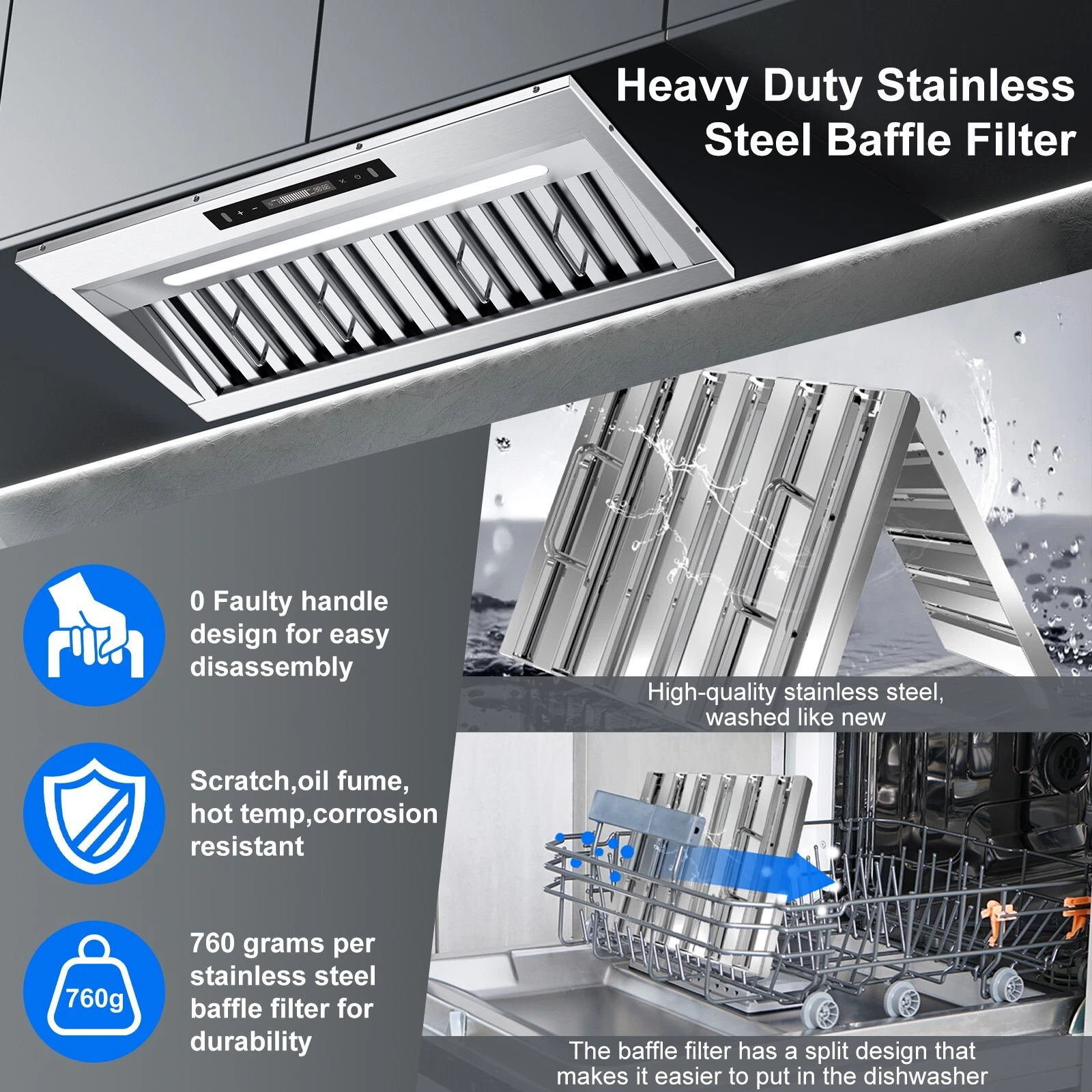Range Hood Insert 30 Inch, 900CFM Built-in Vent Hood with Gesture & Touch Control, Stainless Steel Heavy Duty Kitchen Exhaust Hood, Baffle Filters, Long LED Light, Ducted/Ductless Convertible