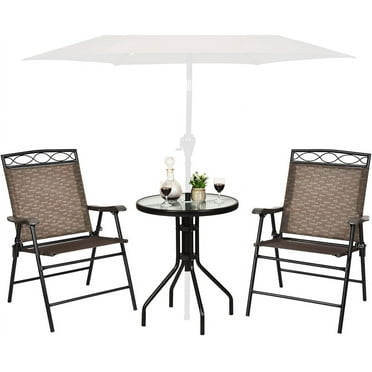 HAPPYGRILL 3 Pieces Patio Dining Set with Round Glass Table, Folding Chairs, Outdoor Chairs Table Set with Umbrella Hole for Garden Poolside Backyard