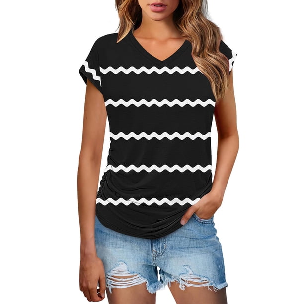 Eres Más Que una Camisa de Puntuación de Prueba Sexy de Manga Corta Lentejuelas Suelta Camisa de Blusa con Cuello en V, Poliéster