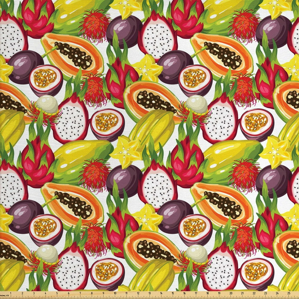Fruit Fabric by The Yard, Exotic Composition Tropical East Halved Plants Vegetarian Mango Dragon