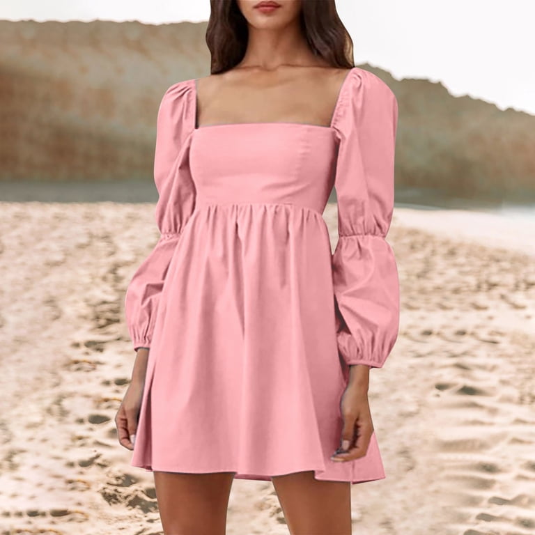Fozruso Women's Square Long Sleeve Bubble Sleeve Dress - Walmart.com