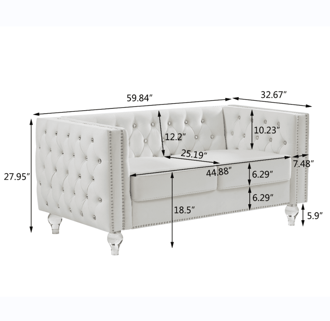 Modern Velvet Upholstered Loveseat Sofa with 2 Plush Pillows, Leisure 2-Seater Couch with Crystal Feet and Buckle, Lounge Sofa for Living Room, Bedroom, Office, Apartment, Beige