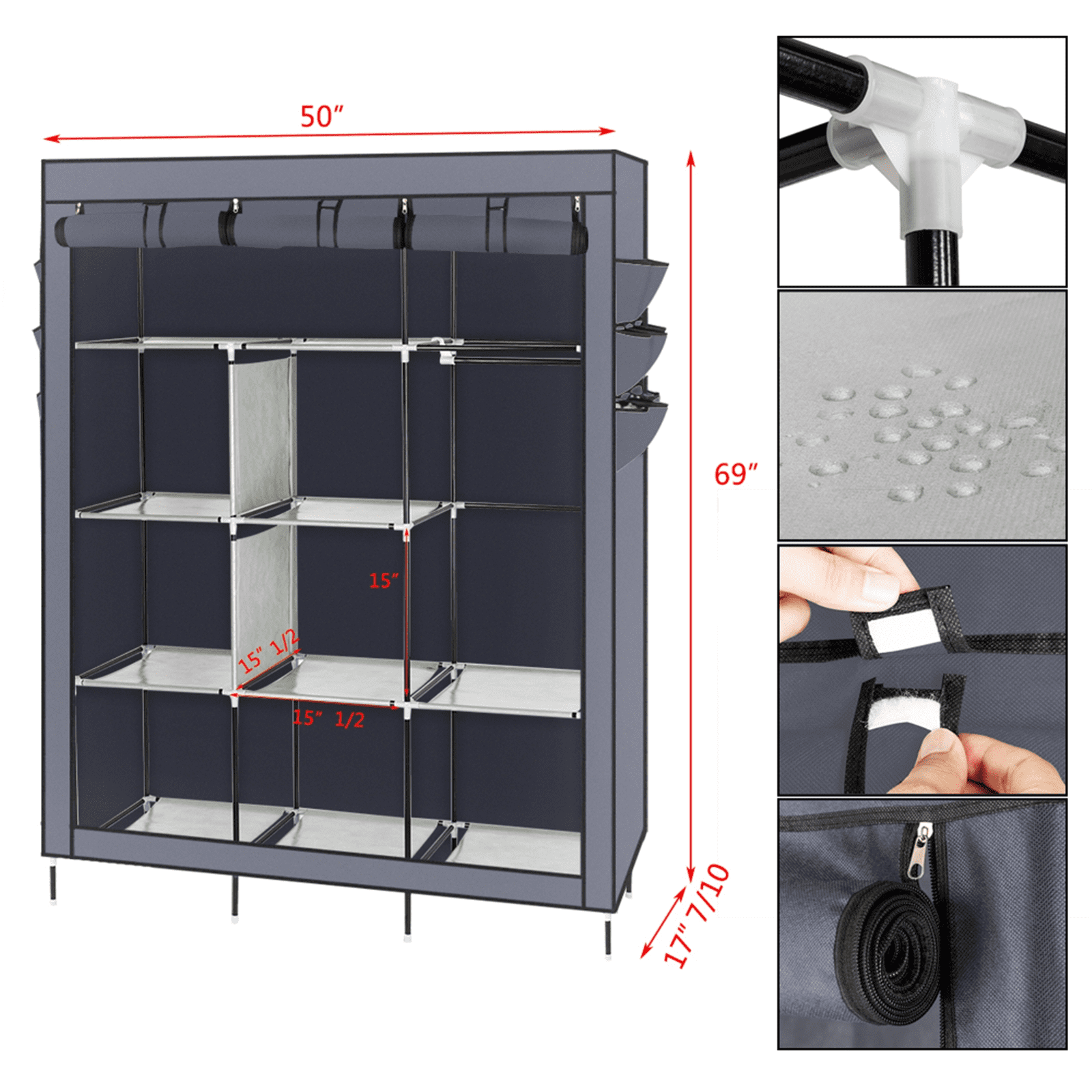 69" Elevated Portable Closet - Heavy Duty Steel Frame with 8 Shelves, High-Leg Design for Robot Vacuums, Dustproof Gray Wardrobe Organizer