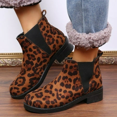 

Alueeu Women s Ankle Boots Low Leather Fashion Boots Women s Print Short Boots Heel Winter Retro Shoes Leopard Women s Boots