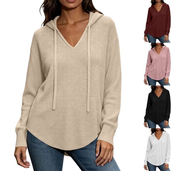 Hoodies for Women V Neck Waffle Knitted Long Sleeve Drawstring Pullover Sweatshirt Casual Fall Winter Top