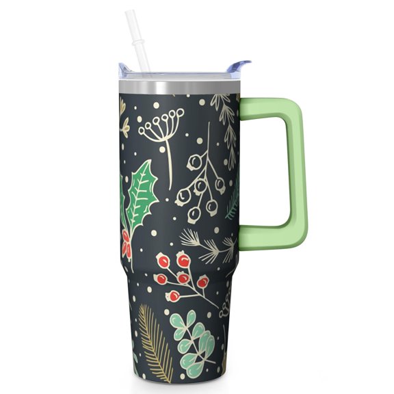 30oz Christmas Ornaments Tumbler with Lid and Straw, Stainless Steel Cup with Handle Plaid Travel Coffee Mug, Holiday Gifts