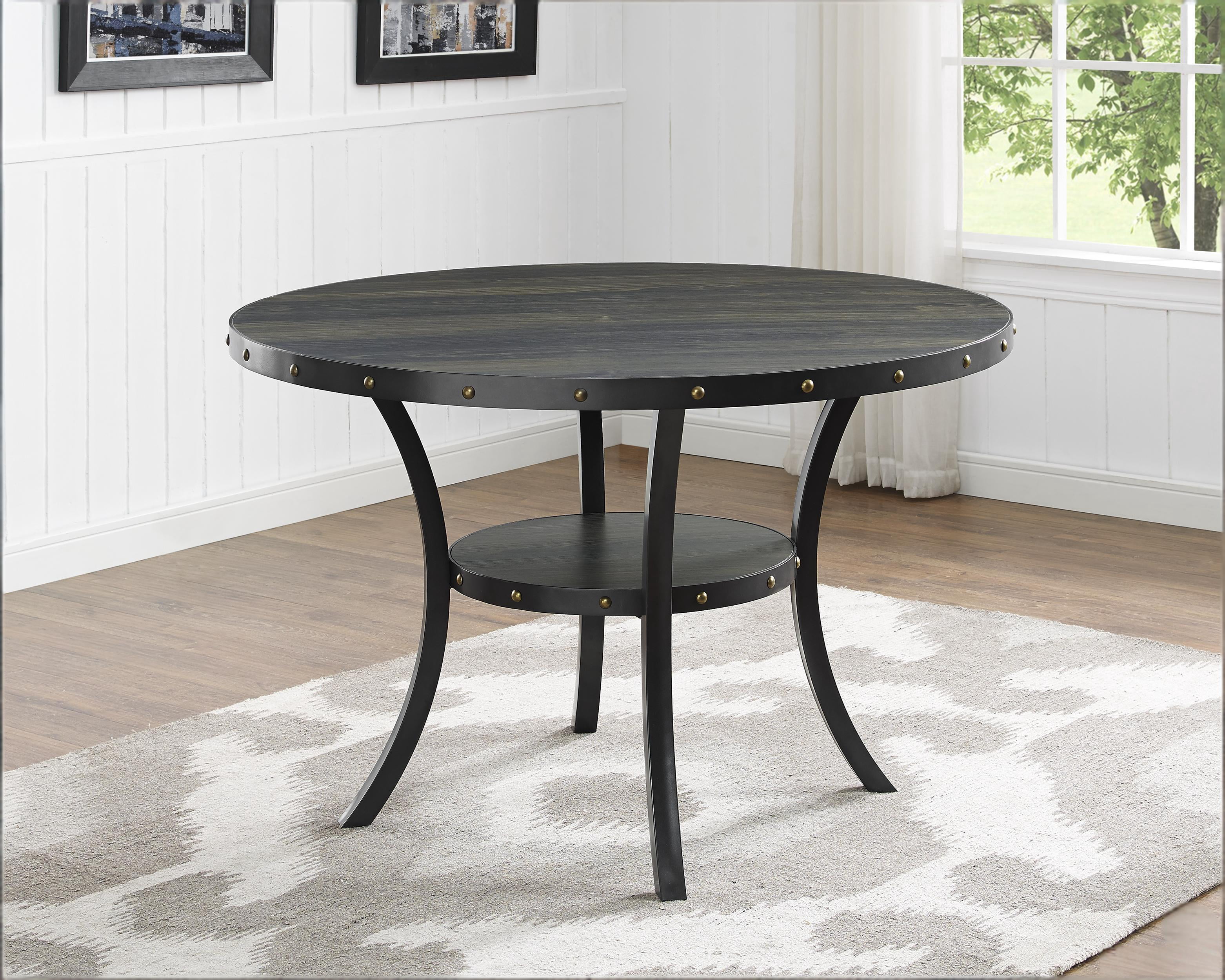 Howcool 5-Piece Espresso Wood Round Dining Set, 4 Upholstered Fabric Nailhead Trim Chairs with Lower Storage Shelf for Kitchen & Dining Room