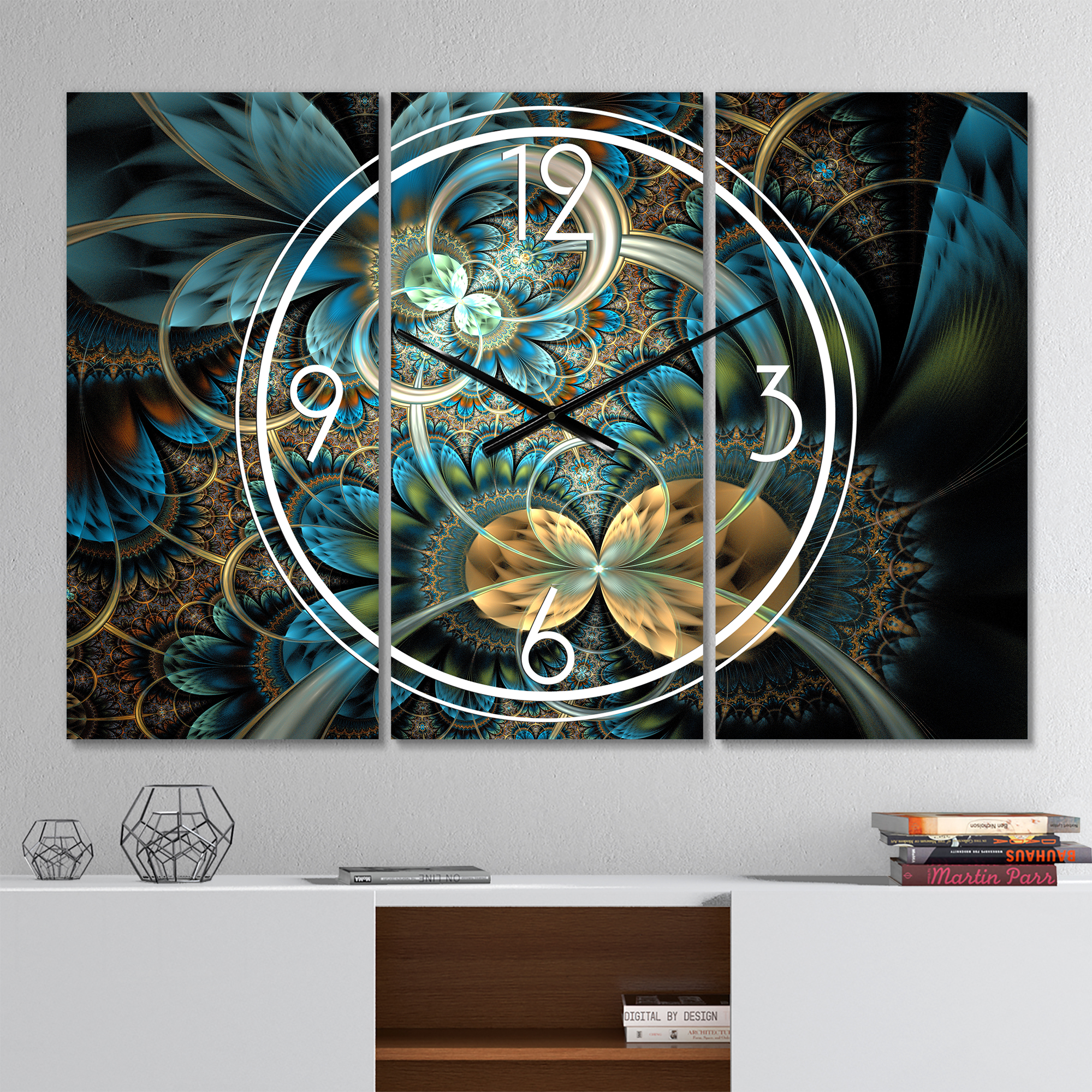 Designart 'Symmetrical Blue Gold Fractal Flower' Modern Wall Clock