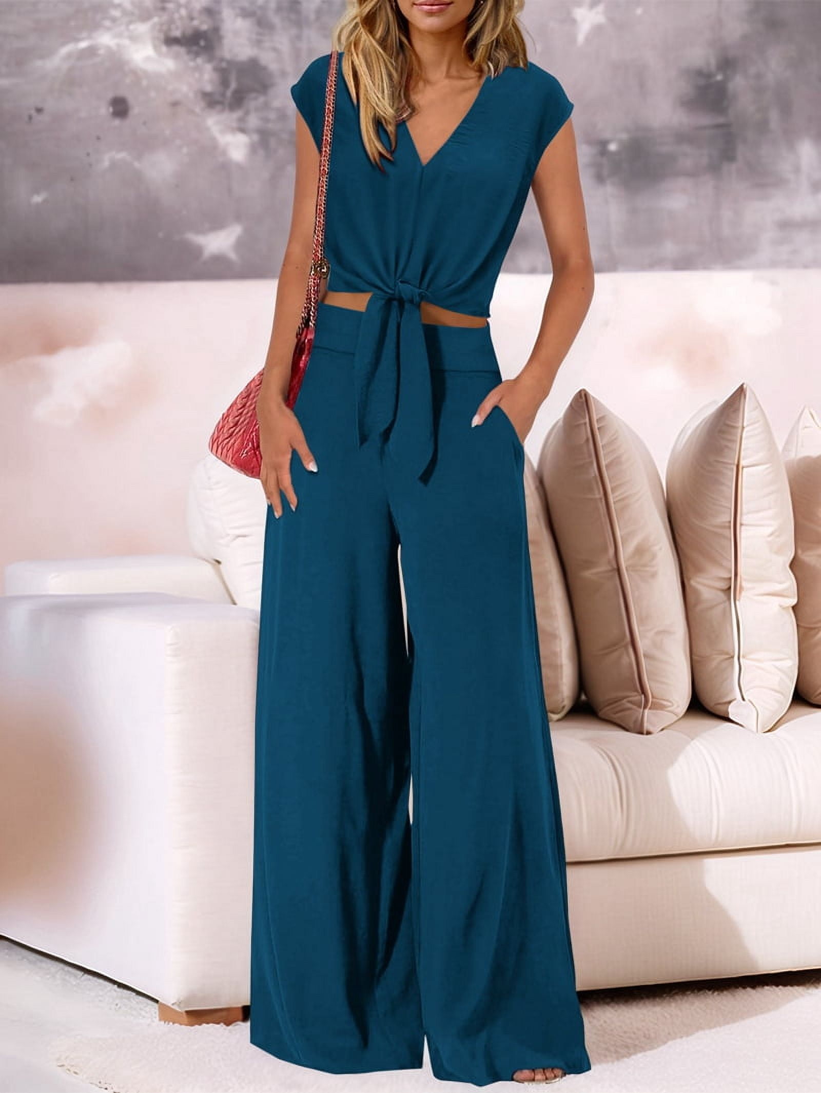 Women'S Summer 2 Piece Outfits 2025 Cap Sleeve V Neck Belted Crop Tops Wide Leg Pants Sets Casual Tracksuit Dark Green M