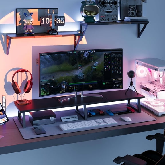 Black 42 inch Dual Monitor Riser,Wood and Steel Long Monitor Stand for 2 Monitors with Storage Large TV Riser Computer Laptop Stand for Desk Office Organization