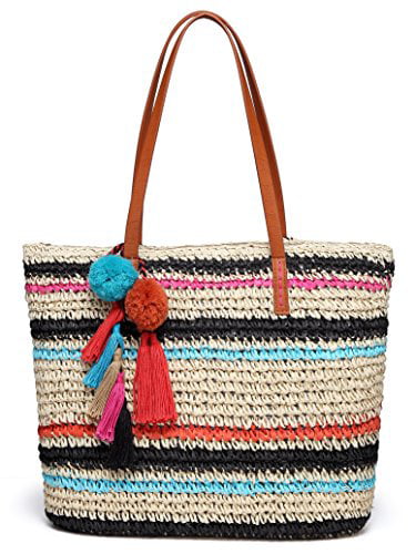 Daisy Rose Large Straw Beach Tote Bag for Women with Pom Poms and Inner ...