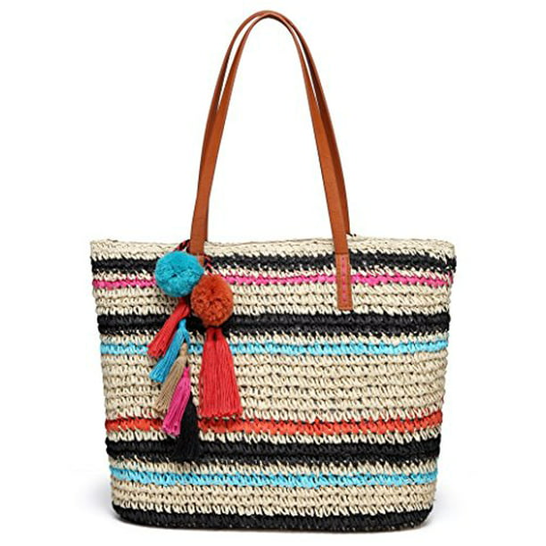 Daisy Rose - Daisy Rose Large Straw Beach Tote Bag with Pom Poms and Inner Pouch -Vegan Leather ...