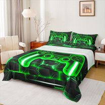 Feelyou Cartoon Green Gamepad Bed Sheets for Kids, Neon Square Honeycomb King Sheets, Modern Video Gamer Sheet Set, Super Cozy Room Decor, 4pcs