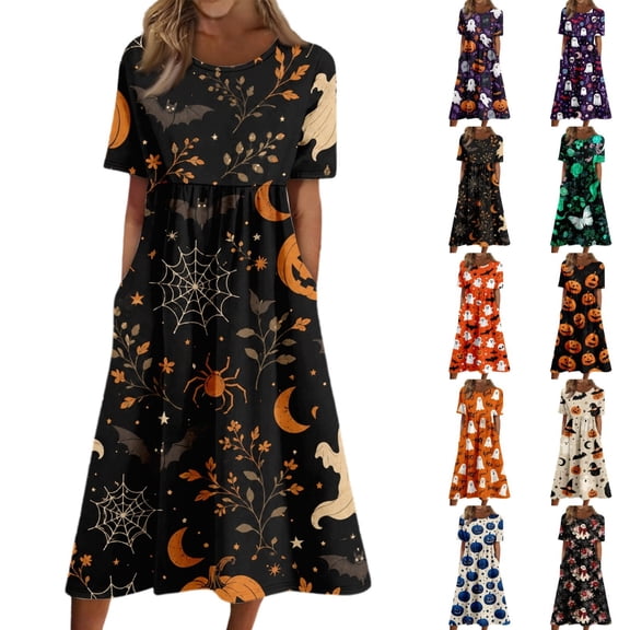 Women's Halloween Print Round Neck Dress with Pockets Short Sleeve Loose Midi Casual Dress Plus Size for Autumn Daily Wear Party Black L