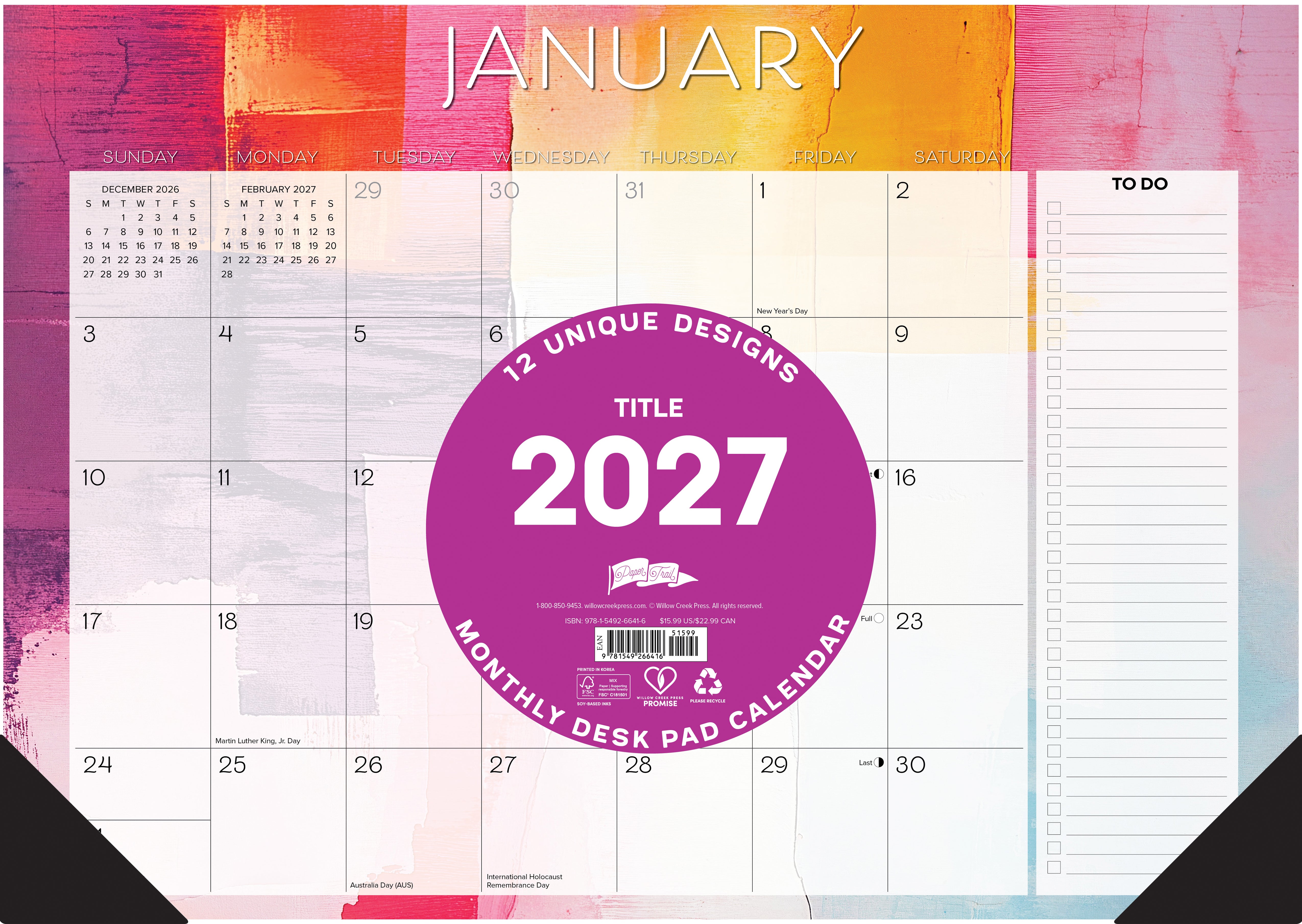 Willow Creek Press Abstract Art 2027 17" x 12" Small Monthly Deskpad (66416)