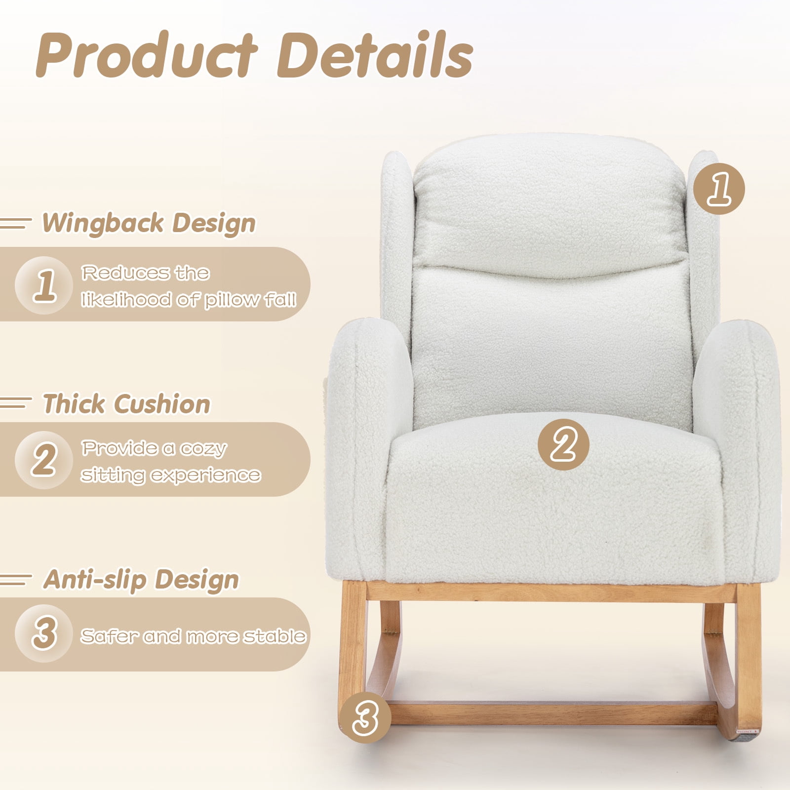 Lunale Indoor Rocking Chair, Upholstered Accent Rocker Chair with Wood Legs, Ivory Teddy