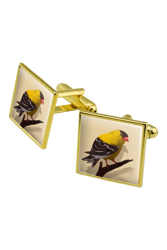 Goldfinch Bird on Tree Limb Square Cufflink Set - Silver or Gold