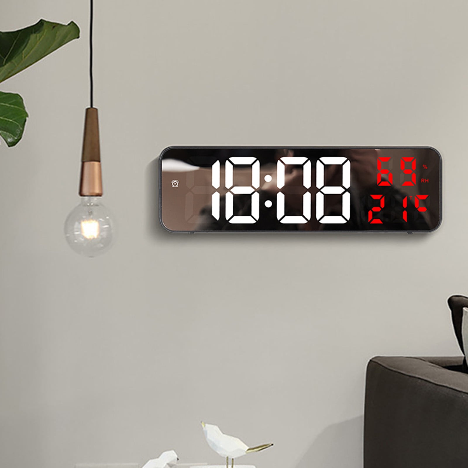 Iuhan LED Wall Clock, Large Digital Mirror Display with Temperature Date Humidity, Adjustable Brightness Alarm Clock for Home Office Bedroom Decor