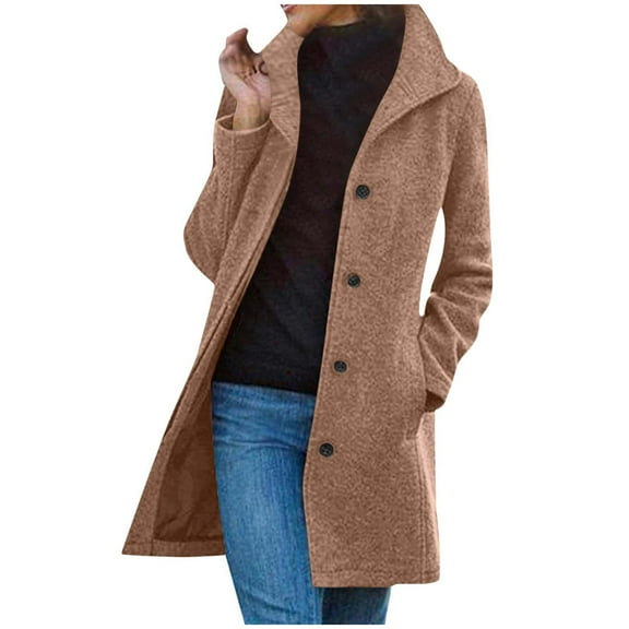 Moxiu Womens Pea Coat Long Winter Long Pea Coats Wool Blend Stand Collar Single Breasted Jackets Casual Peacoat Overcoats Khaki,S