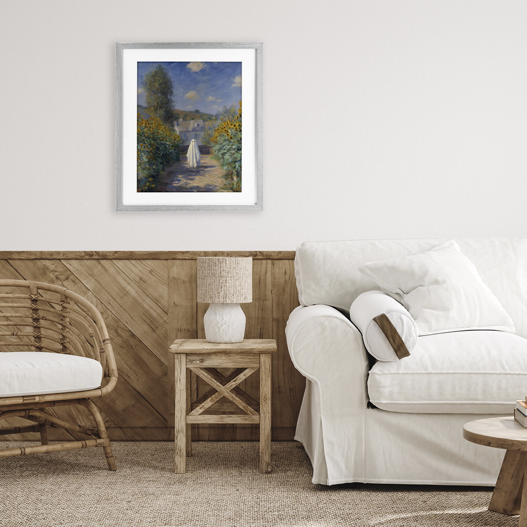 Monet Style Sunflower Ghost Gray Framed Print Under Glass, design by Arlington Prints