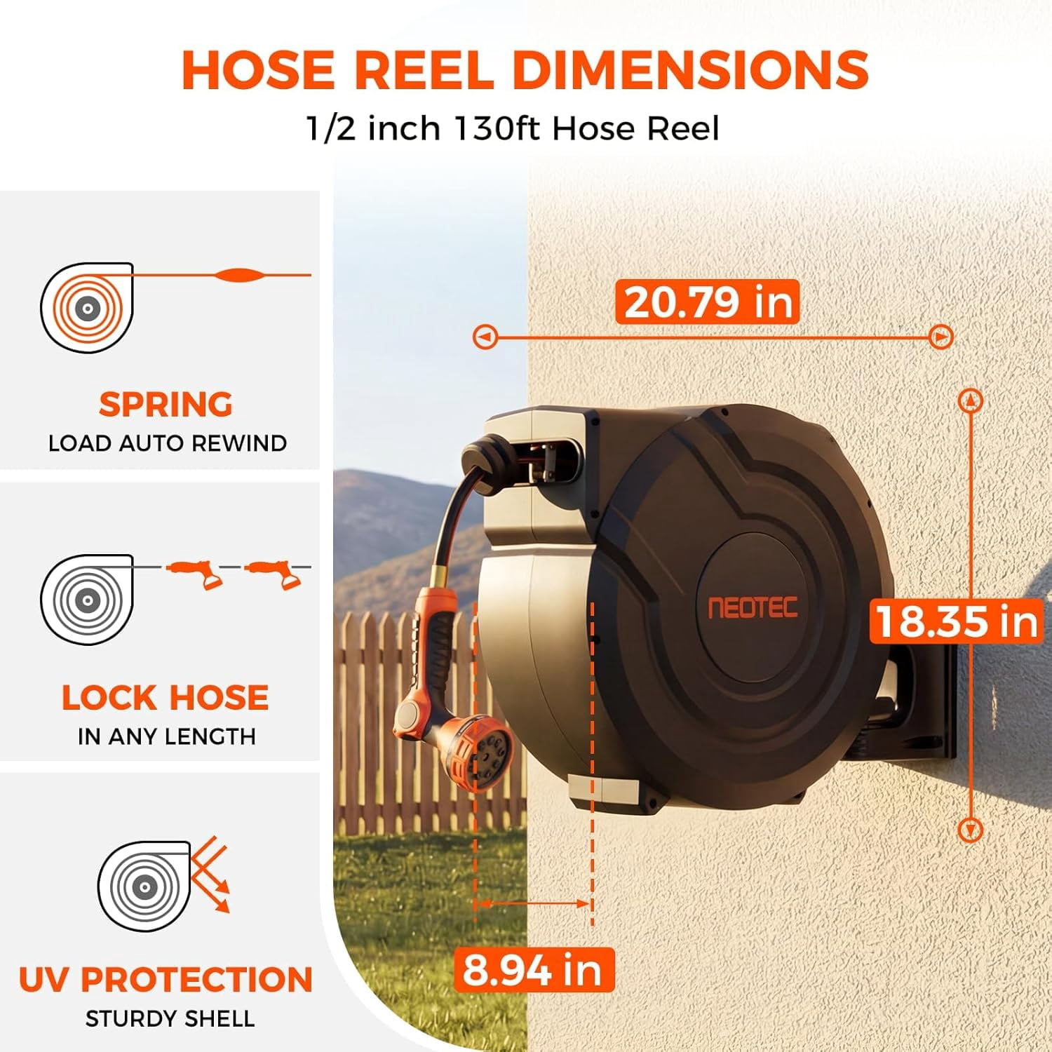 NEOTEC 130 ft 1/2 inch Retractable Garden Hose Reel -Professional Metal Bracket - Wall Mounted Auto Rewind, Any Length Lock 9 Pattern Nozzle, 180° Swivel, UV Resistant for Yard