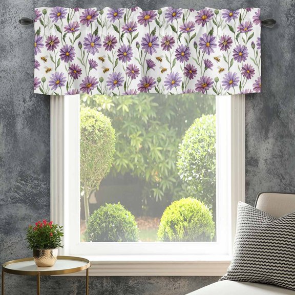 Valance for Windows,Spring Watercolor Purple Daisy Bees Valances Curtain Rod Pocket Valance for Kitchen Bedroom Living Room Bathroom,Countryside Flower Short Curtains Window Treatment 42x12in