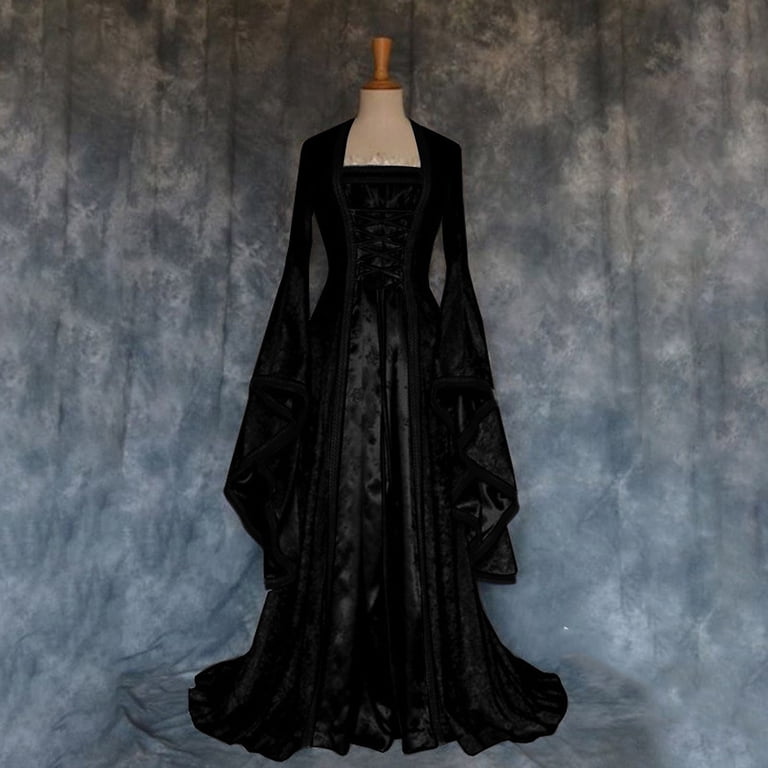 yoeyez Womens Wedding Guest Medieval Costume Dress Flare Sleeve Lace up  Over Long Dresses Irish Fairy Wedding Guest Dress for Black,XL - Walmart.com