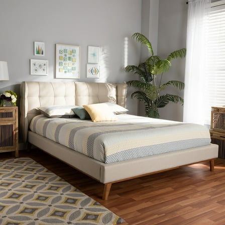 Queen Size Platform Bed - Modern Wingback Headboard, Beige Fabric & Walnut Finish