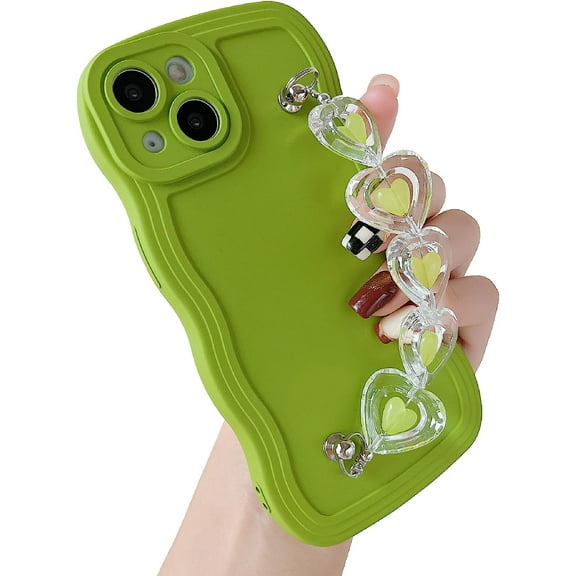 Love Heart Curly Wave Frame Wrist Strap Chain Bracelet Soft Compatible with iPhone Case (Green,iPhone Xs Max)