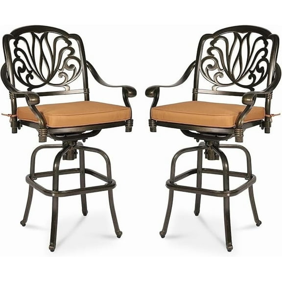 MEETWARM Outdoor Patio Swivel Bar Stools Set of 2, All-Weather Cast Aluminum Bar Height Bistro Chairs with Cushions for Yard Garden Balcony