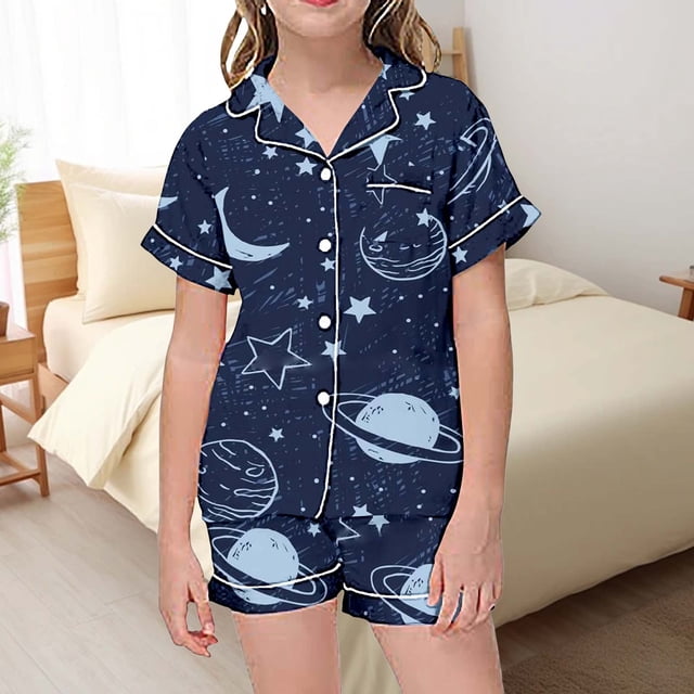 Pyjama en Soie pour Enfants Filles Imprimé Floral Ensemble de Pyjama Boutonné Ensemble de Pyjama de Mode pour Filles Pyjama pour Enfants Filles 8-10 Ans