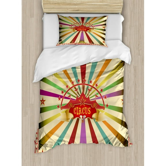 Circus Twin Size Duvet Cover Set, Colorful Retro Circus Invitation or Advertisement for Audience with Tent Silhouette, Decorative 2 Piece Bedding Set with 1 Pillow Sham, Multicolor, by Ambesonne