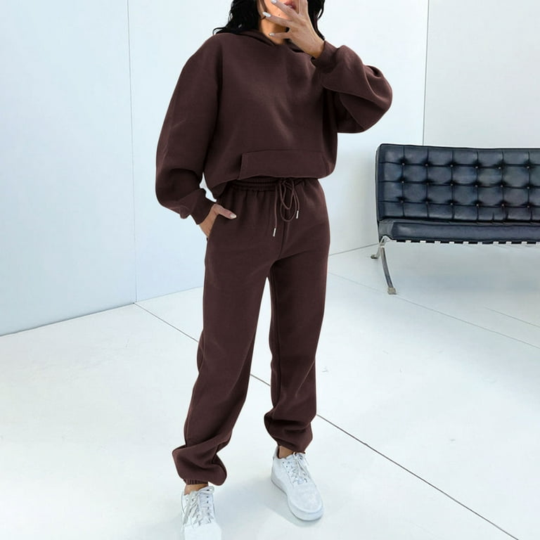 2 Piece Cotton Sweatsuits for Women with Hood Pocket Workout Sports Outfits  Fleece Hoodie and Jogger Pant Sets (X-Large, Coffee)