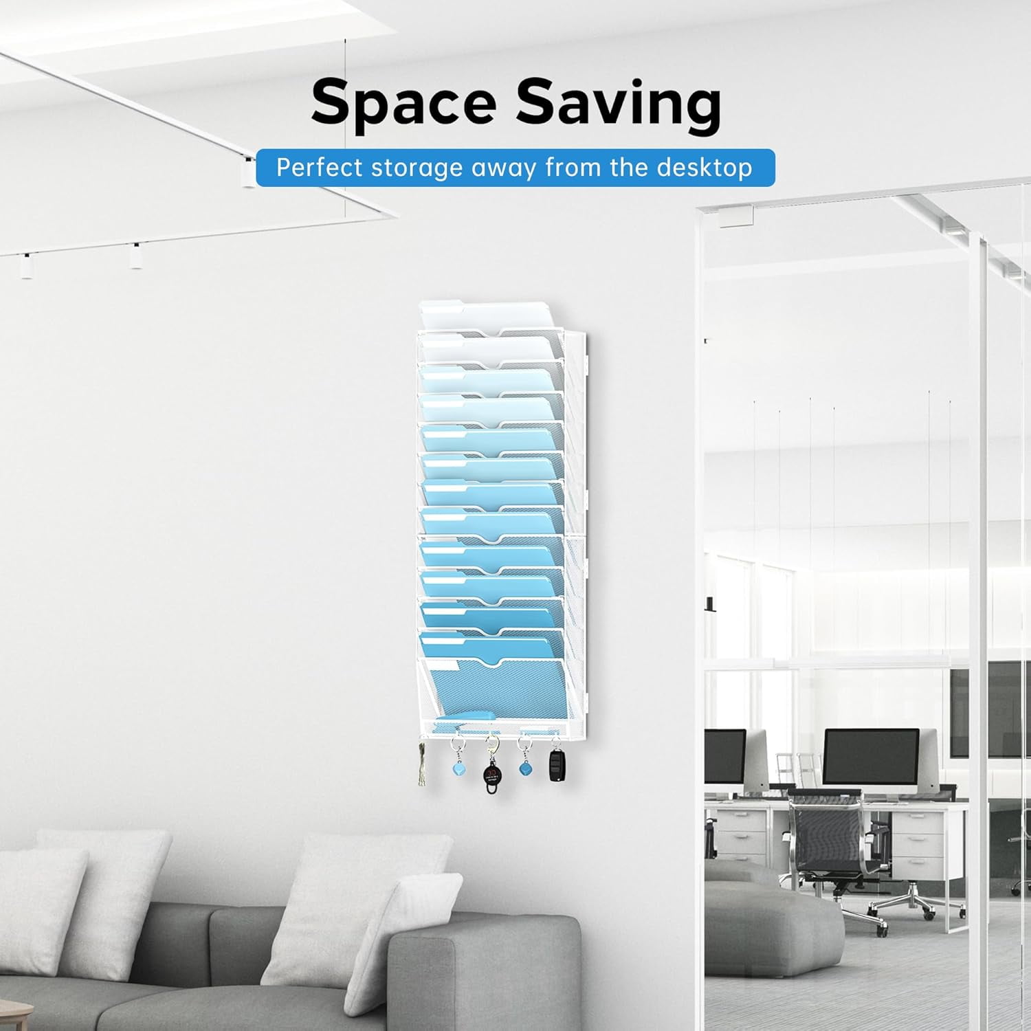 INTIGE 13-Tier Metal Hanging File Organizer with Hooks, Mesh Wall Paper Organizer for Office, White