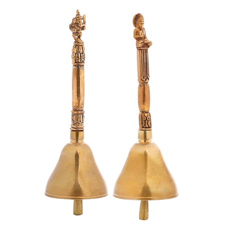 diollo Brass Buddha and Ganesh Design Bell Pair with Handle Great Peaceful Sound
