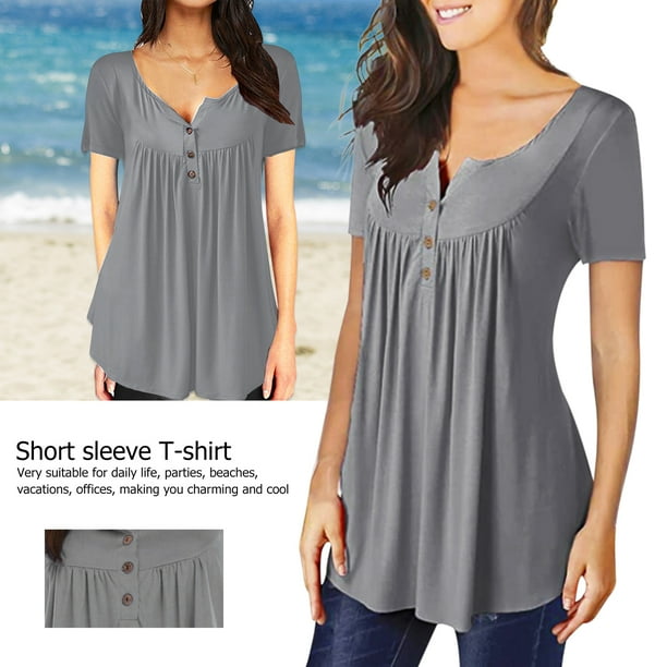 Camisetas de verano para mujercamisetas holgadas plisadas con cuello en V y manga corta (gris M) Likrtyny Para estrenar