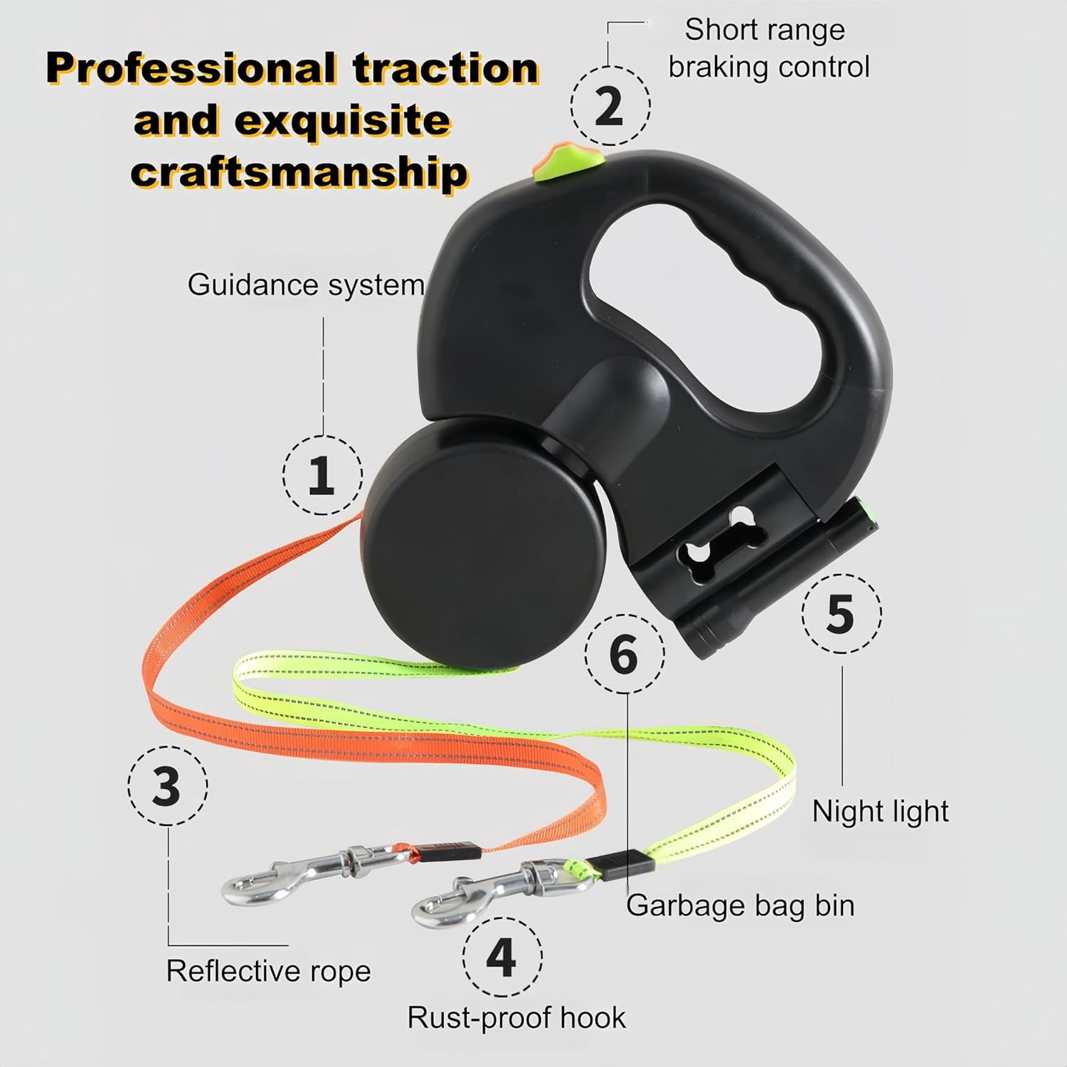 Dual Retractable Dog Leash with LED Light & Waste Bag Holder, Tangle Free