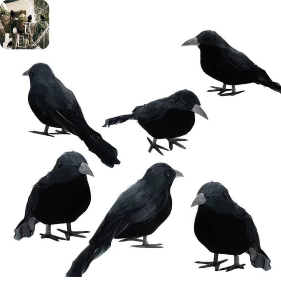 6 Pack Realistic Black Crow Figurines, Artificial Feathered Raven Ornaments, Small Fake Crow Props for Halloween Party Spooky Home Table Decor Black