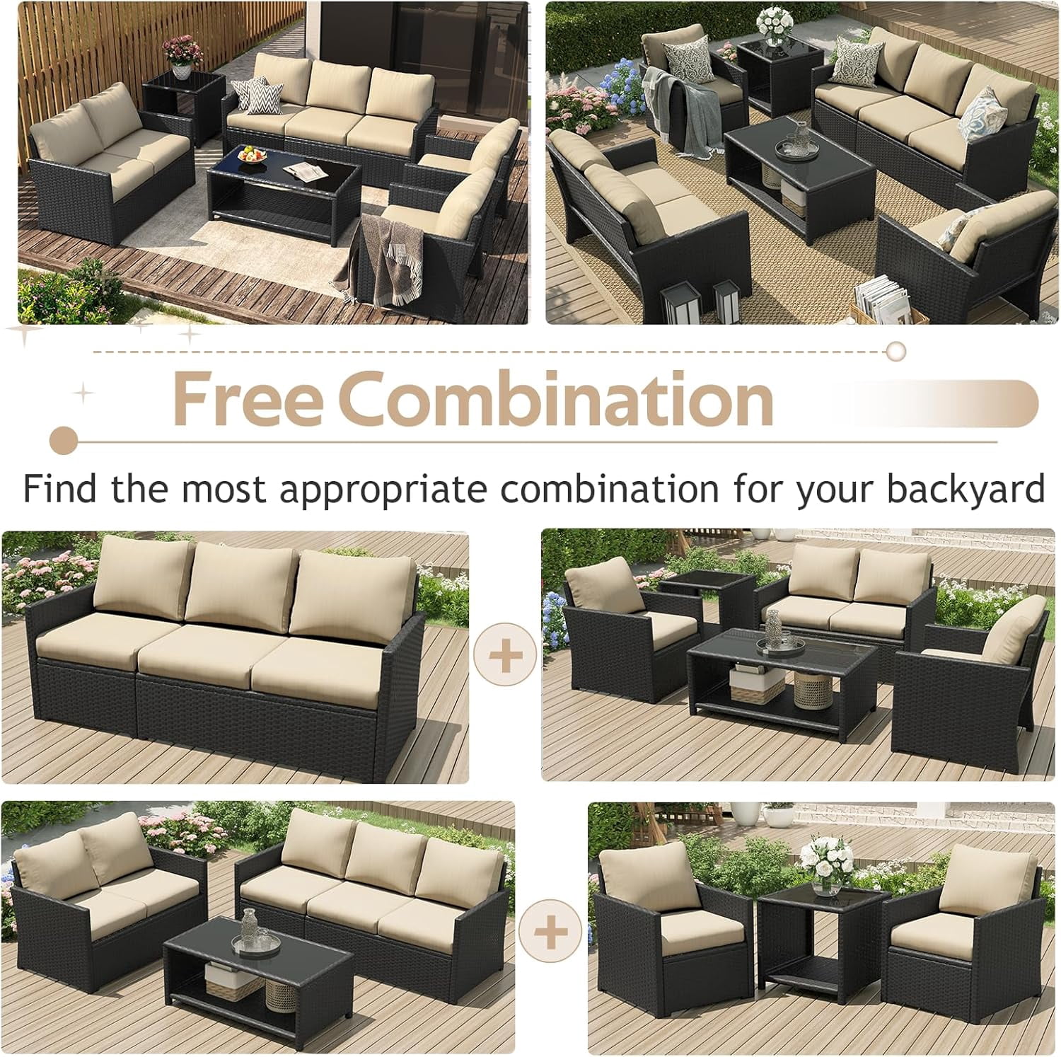 AECOJOY 7 Pieces Outdoor Furniture Set with Two Storage Boxes, Rattan Wicker Sectional Sofa Couch Patio Conversation Set, Black & Biege