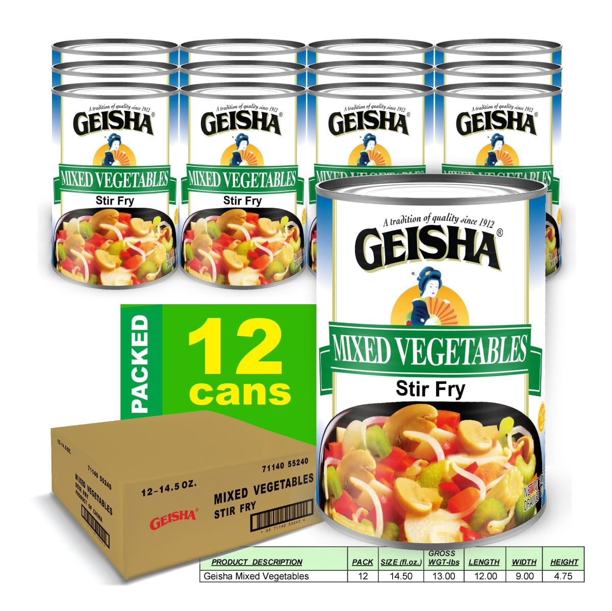 GEISHA Mixed Vegetables Stir Fry 14.5OZ. (Pack of 12), Mixed Vege | No Trans fat － Gluten Free－Less than 50 Calories per Container － Good Source of Fibers －Ready to Eat －Long Seller Item