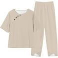 thumbnail image 5 of Women's 2-Piece Short Sleeve Button Solid T-Shirt Top and Long Pants Outfit - Polyester Spandex, Casual Summer Style, 5 of 6