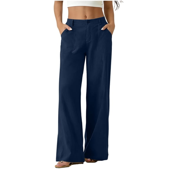 cocolona Womens Summer Casual High Waist Beach Pants Elastic Button Waist Straight Wide Leg Trousers with Pocket